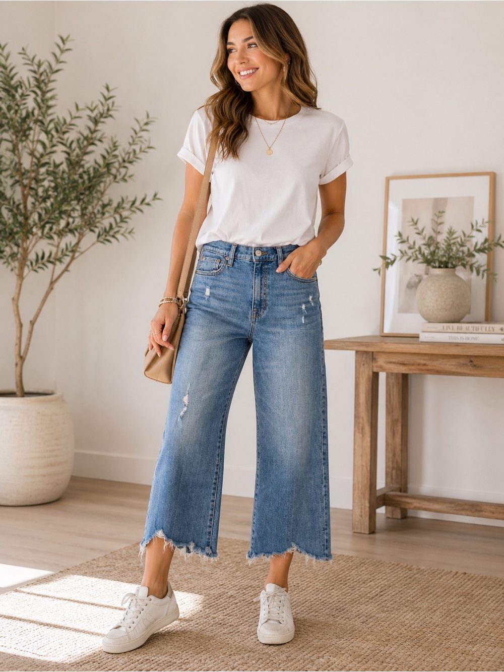 Cropped Wide Leg Jeans Womens 27 Raw Hem Distressed Medium Wash Trendy Deni